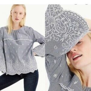 J. Crew Embroidered Poplin Bell Sleeve Blouse EUC Size L